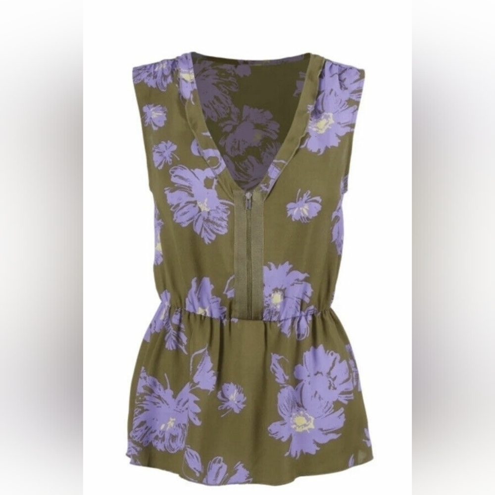 🍁CABI #4184 Celebrity Green Floral Print Zipper Front Sleeveless Blouse, Size M